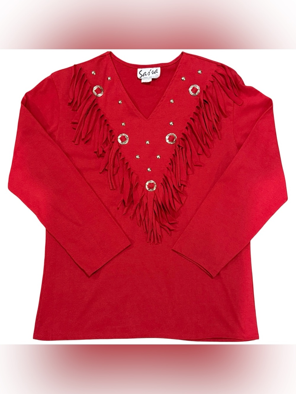 Sassa Fringe Top Women Medium Red Studded Shoulder Pads Western